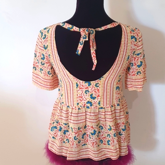 Lauren Moffatt Size 10 (S) Floral 100% Silk Top Yellow Blue - Picture 3 of 6